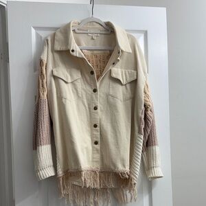 Beige Corduroy Button-Up Jacket with Knit Sleeves